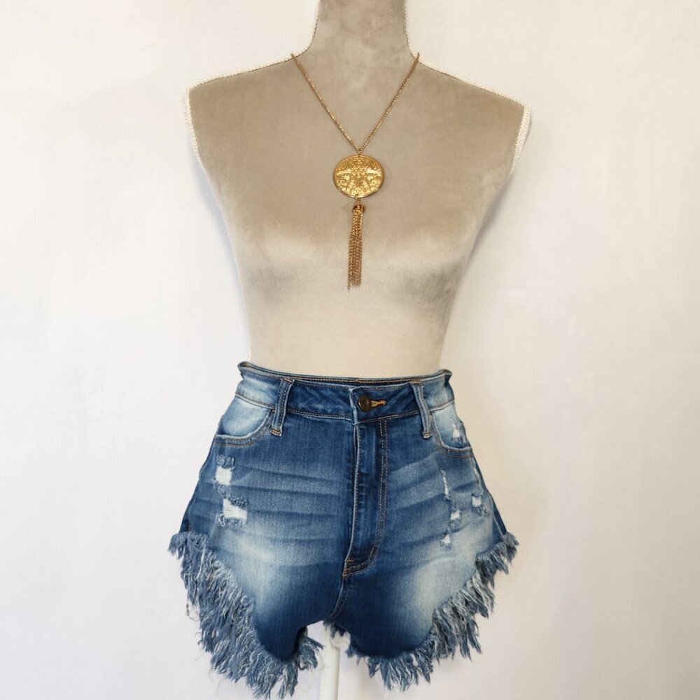 Aphrodite Women's Size 28 Medium Blue Denim Fray Hem High Rise Zip Jean Shots